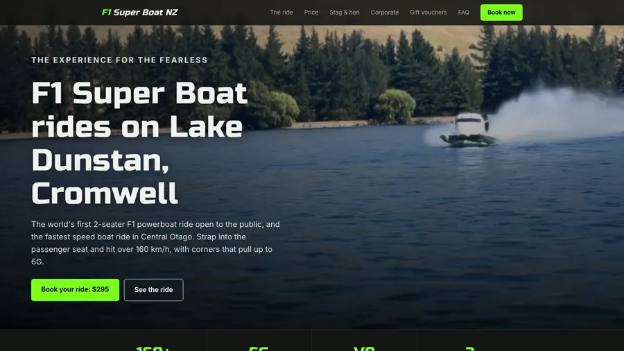 The f1superboat.com homepage: an F1 powerboat at speed on Lake Dunstan, with a Book your ride button