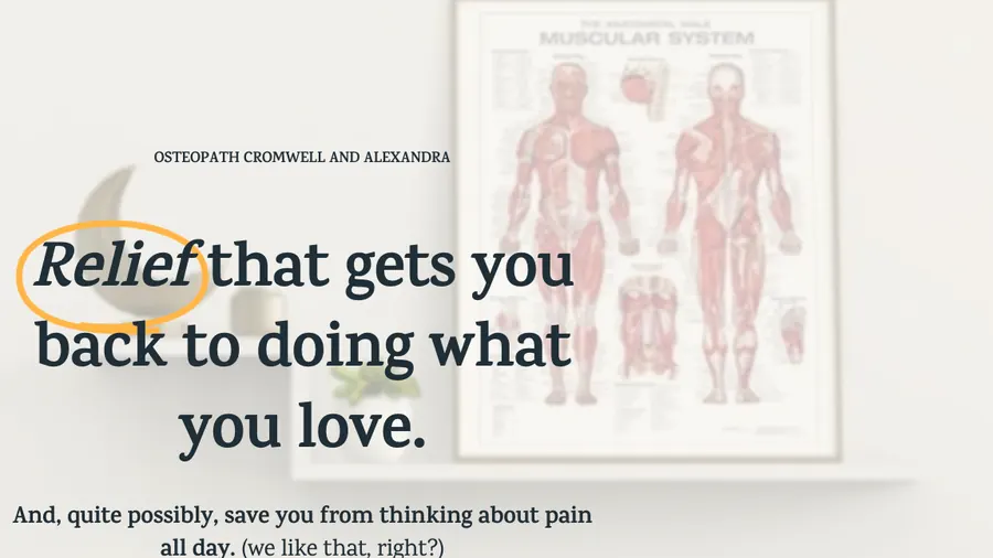 The Osteopathy Central Otago homepage after the AI session: the headline Relief that gets you back to doing what you love, in front of an anatomy chart