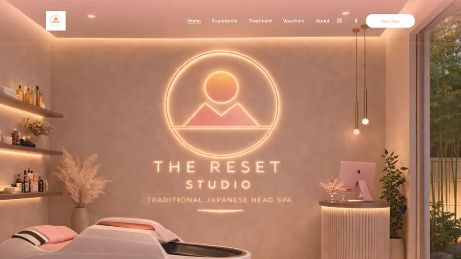 The Reset Studio homepage: a glowing sunrise logo on the treatment room wall, with a Book Now button
