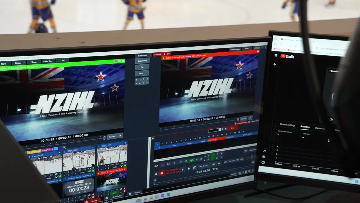 The New Zealand Ice Hockey League broadcast graphics loaded in vMix before a semi-final