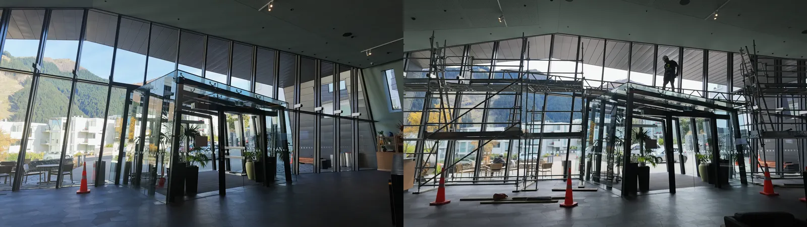 The voco Queenstown lobby from the time-lapse camera: the empty glass entrance before the build, and later the scaffold up and trussed over the canopy