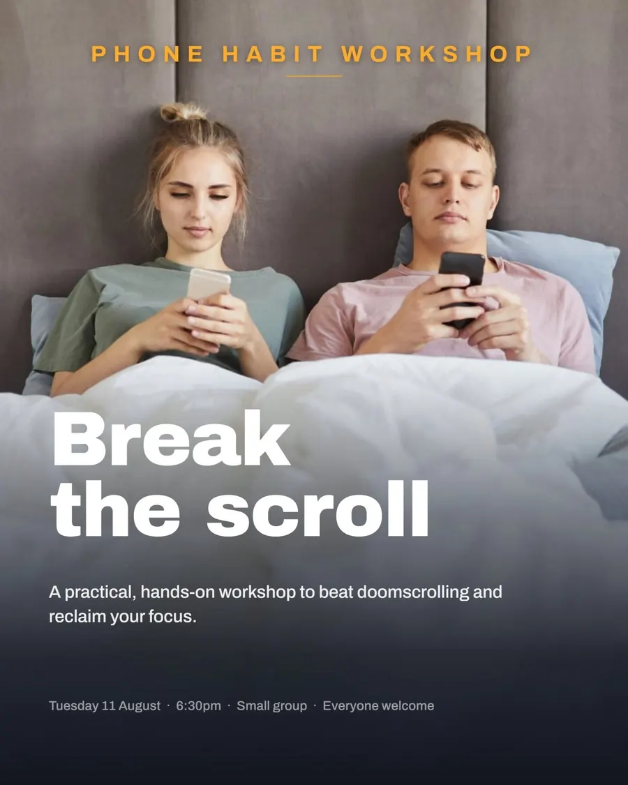 The Break the scroll workshop ad for Think Blue Tree: two people in bed looking at their phones